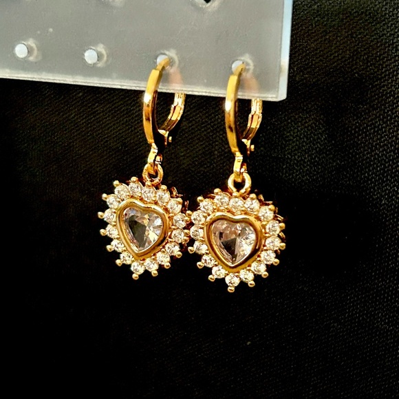 Gold CZ Heart Drop Earrings - Picture 1 of 4